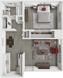 A modern apartment with a bedroom, living room, and kitchen.