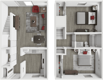A 3D rendered image of a modern apartment layout.
