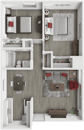A 3D rendered image of a small apartment layout.
