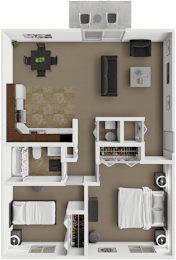 A 3D rendered image of a small apartment layout.