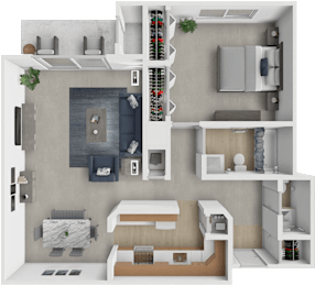 A 3D floor plan of a modern apartment with a kitchen, living room, and bedrooms.