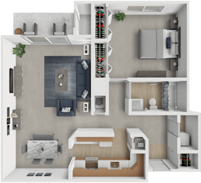 A 3D floor plan of a house showing a kitchen, living room, and two bedrooms.