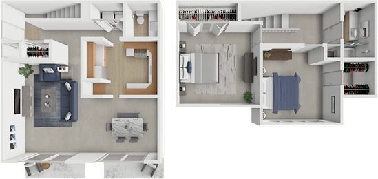 Two images of a room with a bed, a couch, a table, and a bookshelf.