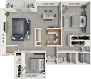 A 3D floor plan of a house with a kitchen, living room, and bathroom.