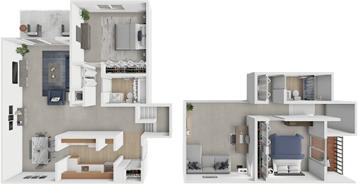 A 3D floor plan of a house with two bedrooms, a living room, a kitchen, and a bathroom.
