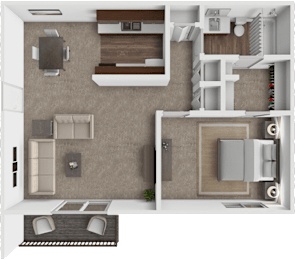 A top-down view of a modern apartment layout with a kitchen, living room, and bathroom.