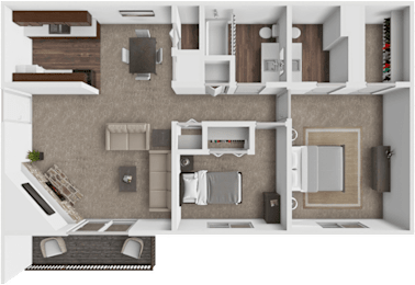 A top-down view of a house interior with a kitchen, living room, and bathroom.