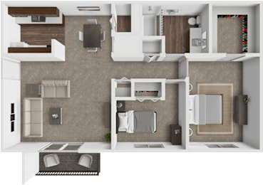 A 3D rendered image of a house layout.
