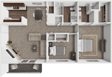 A top-down view of a modern apartment layout.