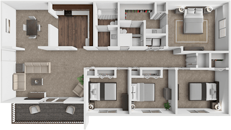 A 3D floor plan of a house showing the layout of the rooms.