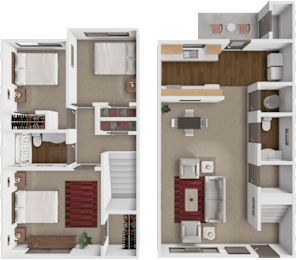 a 3D floor plan of a 3 bedroom townhome with 1.5 bathrooms at springcreek in Wichita, KS