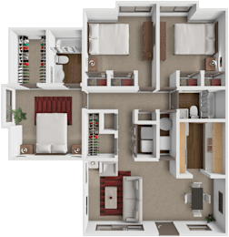 A 3D floor plan of a 3 bedroom 2 bathroom apartment at springcreek apartments