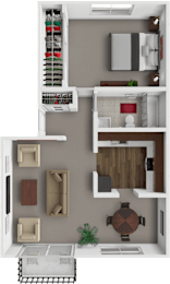 A 3D floor plan of a small apartment with a kitchen, living room, and bathroom.
