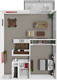 A 3D rendered image of a small apartment layout with a living room, kitchen, and bedroom.