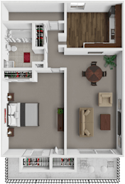A 3D floor plan of a house with a kitchen, living room, and bathroom.