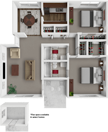 A 3D floor plan of a house layout with labeled rooms.