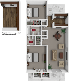 A floor plan of a home with a kitchen, living room, and bedrooms.