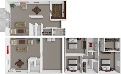 A 3D floor plan of a house with a kitchen, living room, and bedrooms.