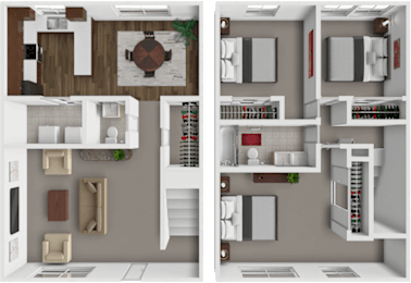A 3D rendered image of a modern kitchen and living room.
