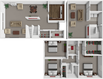 A 3D floor plan of a house showing the layout of the rooms.