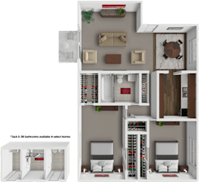 A 3D floor plan of a home layout with a note that Jack & Jill bathrooms are available in select homes.