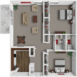 A 3D rendered image of a modern apartment layout.
