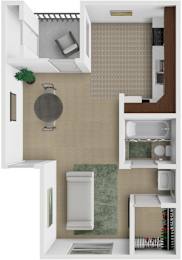 A small, modern kitchen with white cabinets and a green rug.
