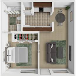 A top down view of a small apartment with a kitchen, living room, and dining area.