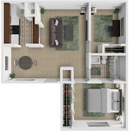 A top-down view of a living room, kitchen, and dining area.