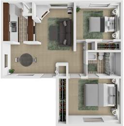 A top-down view of a small apartment layout with a kitchen, living room, and bathroom.
