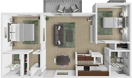 A 3D floor plan of a house showing a kitchen, living room, and two bedrooms.