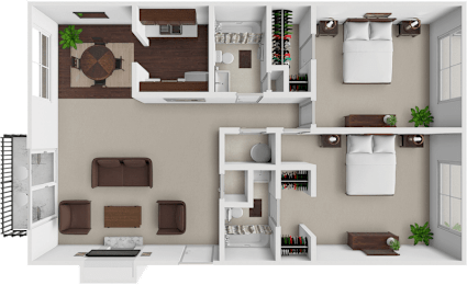 A 3D rendered image of a modern apartment layout.