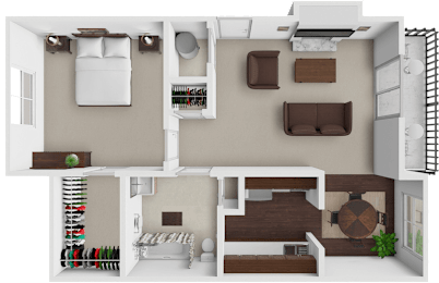 A 3D rendered image of a modern apartment layout.