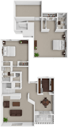 A floor plan of a house with a kitchen, living room, and two bedrooms.