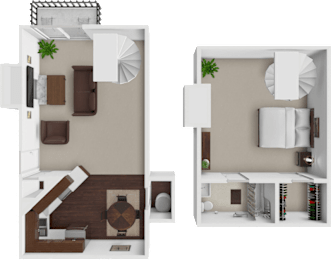 A split-level floor plan of a house with a living room, kitchen, and bedrooms.