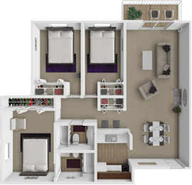 A 3D floor plan of 3 bedroom apartment with two bedrooms, a living room, and a kitchen.
