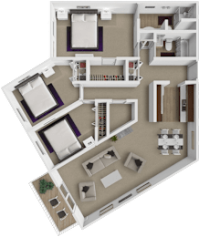 A 3D floor plan of a house with 3 bedrooms and 2 bathrooms