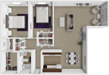 A 3D rendered image of a spacious 2 bedroom apartment layout.