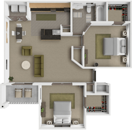 A 3D floor plan of a house with a kitchen, living room, and bedrooms.
