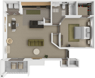 A 3D floor plan of a house with a kitchen, living room, and bathroom.
