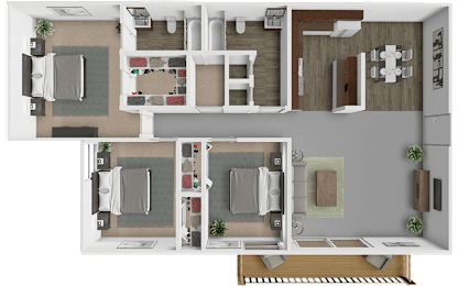 A top-down view of a house interior layout with a living room, kitchen, dining area, and two bedrooms.