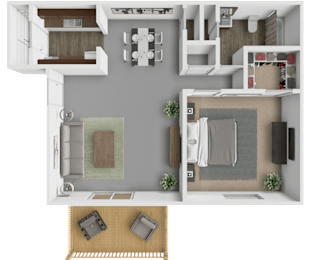 A top-down view of a house layout with a living room, kitchen, dining area, and bathroom.