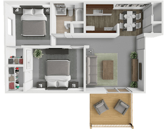 A 3D floor plan of a small apartment with a kitchen, living room, and two bedrooms.