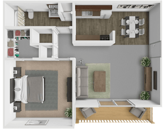A top-down view of a modern apartment layout with a living room, kitchen, and bedroom.