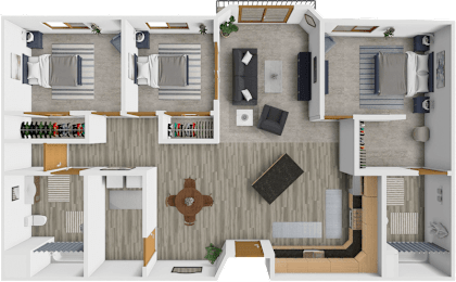 A 3D floor plan of a house with a kitchen, living room, and bedrooms.