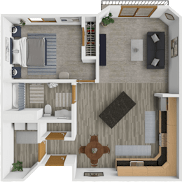 A top-down view of a modern apartment layout with a living room, kitchen, and bedroom.