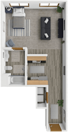 A top-down view of a small apartment with a kitchen, living room, and bathroom.