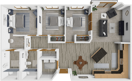 A top-down view of a house layout with two bedrooms, a living room, a kitchen, and a bathroom.