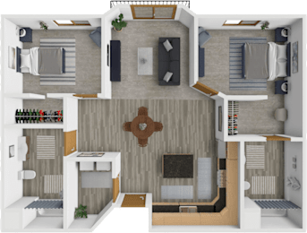 A 3D floor plan of a house showing a kitchen, living room, and dining area.