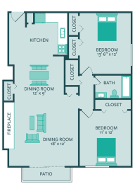Floor Plan  two bed one bath apartment with patio at forest park apartments